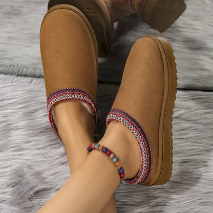 Women's half-slipper snow boots with faux fur lining, faux PU upper, and non-slip rubber sole in maroon.