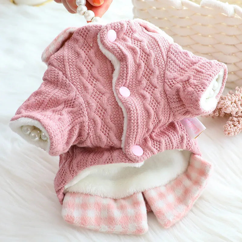 Blue wool plaid dog sweater with fleece lining showing fake two-piece design on model dog