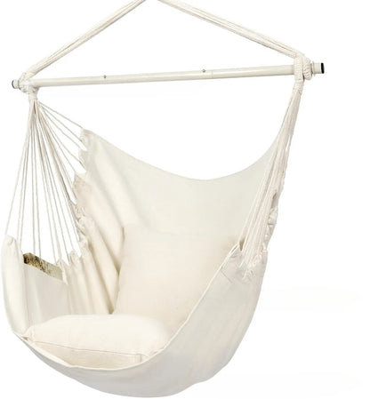 Folding outdoor tassel hammock in beige with canvas seat, cushion, and three-section iron pipe