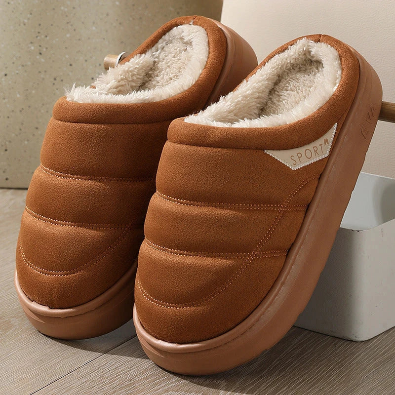 Cozy plush slip-on slippers in various colors, featuring a soft suede-like upper and a supportive EVA sole for maximum comfort and warmth.