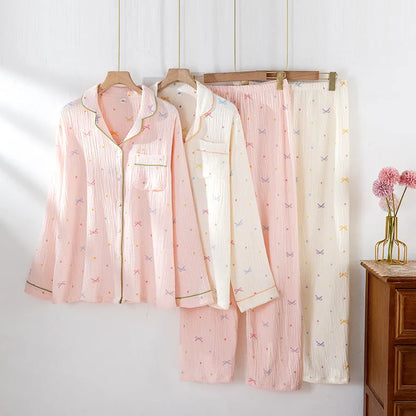 Women's cotton crepe pajama set in pink or beige with long sleeves and thin lightweight fabric