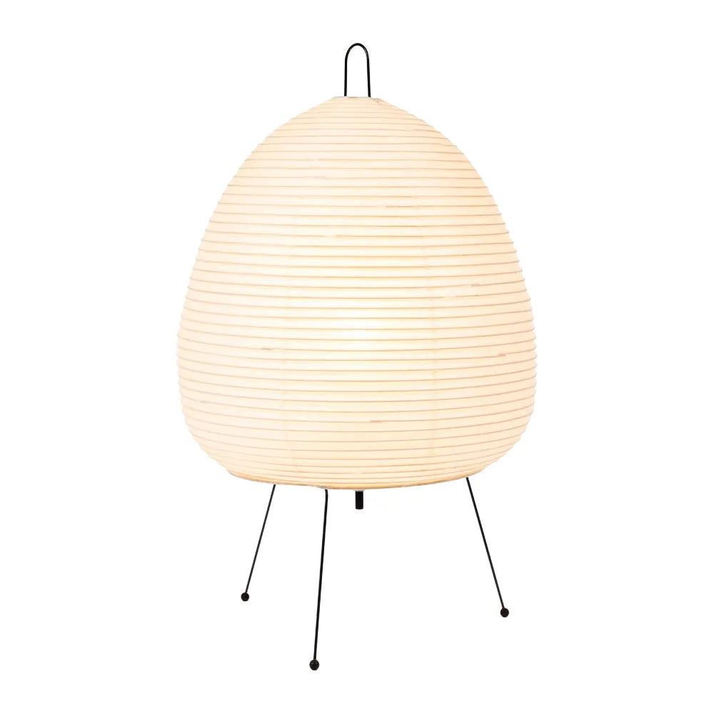 Japanese style table lamp with a white handmade rice paper shade on a slim aluminium base.