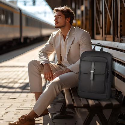 Black Oxford cloth backpack with sewing line details for business commuting