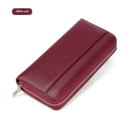 Long genuine leather women's wallet in black with anti-theft card protection and large storage capacity