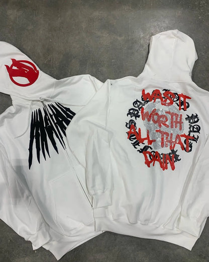 Black loose hooded sweatshirt with white printed skull pattern and rhinestone decoration, cardigan style