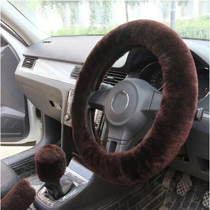 Plush winter steering wheel cover set with gear shift and handle covers in six colour options