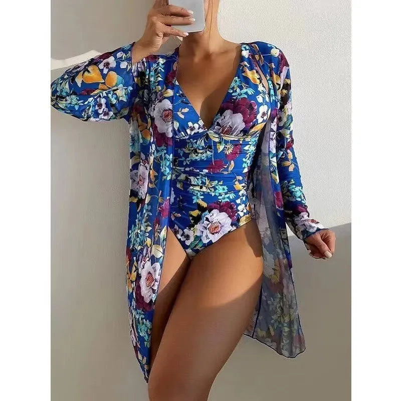 Women's floral pattern bikini three-piece swimsuit set with cover-up coat in multiple colour options