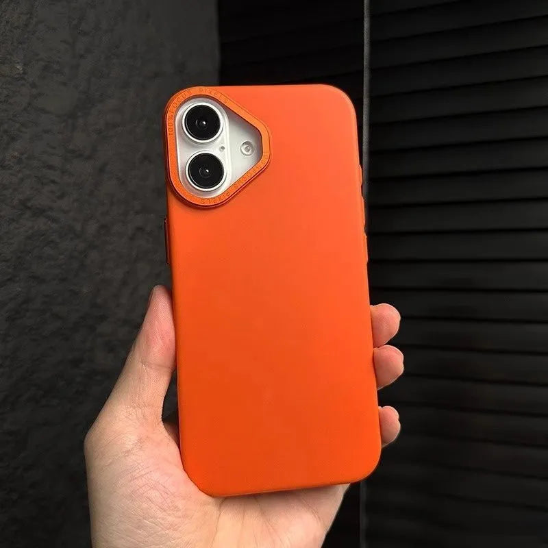 Ultra-thin frosted phone case with metal buttons and large metal hole in black for iPhone 14