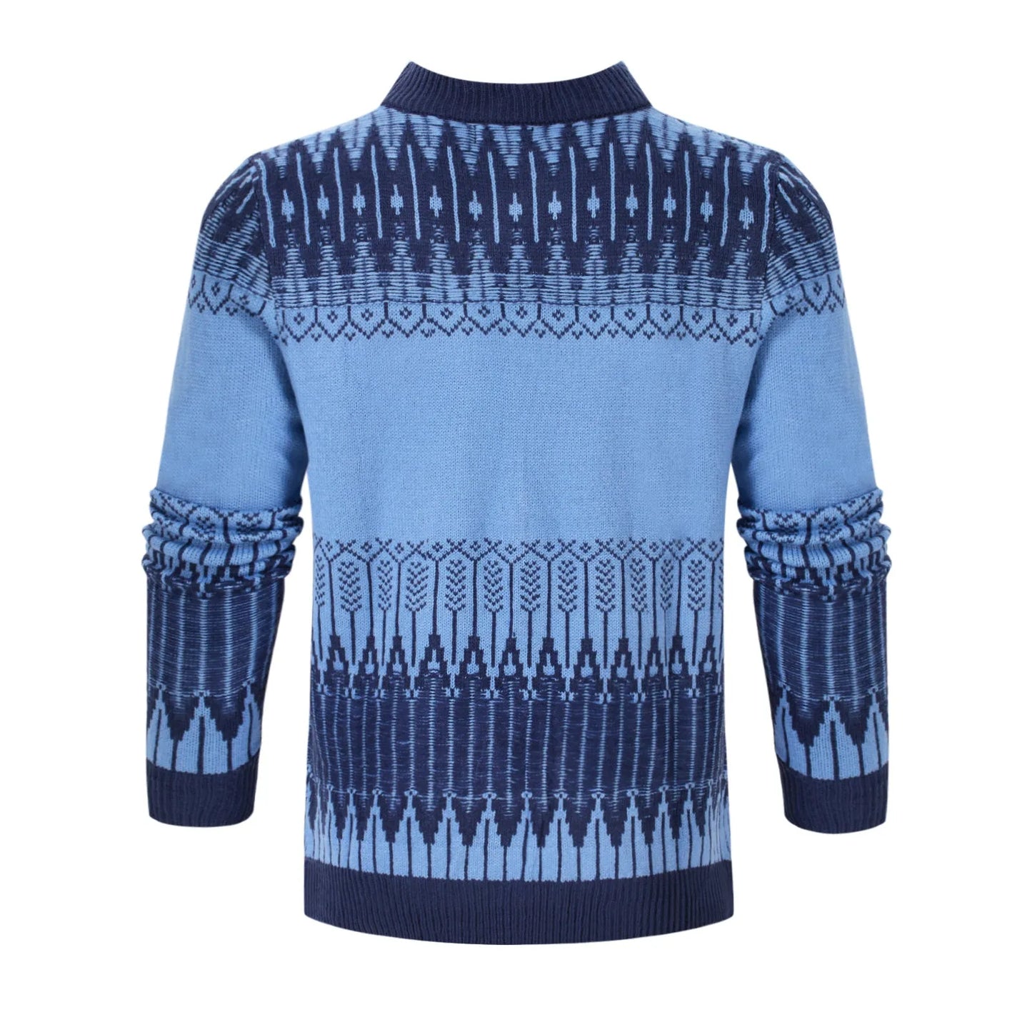 Men's knitted crew neck pullover sweater with long sleeves shown in multiple sizes