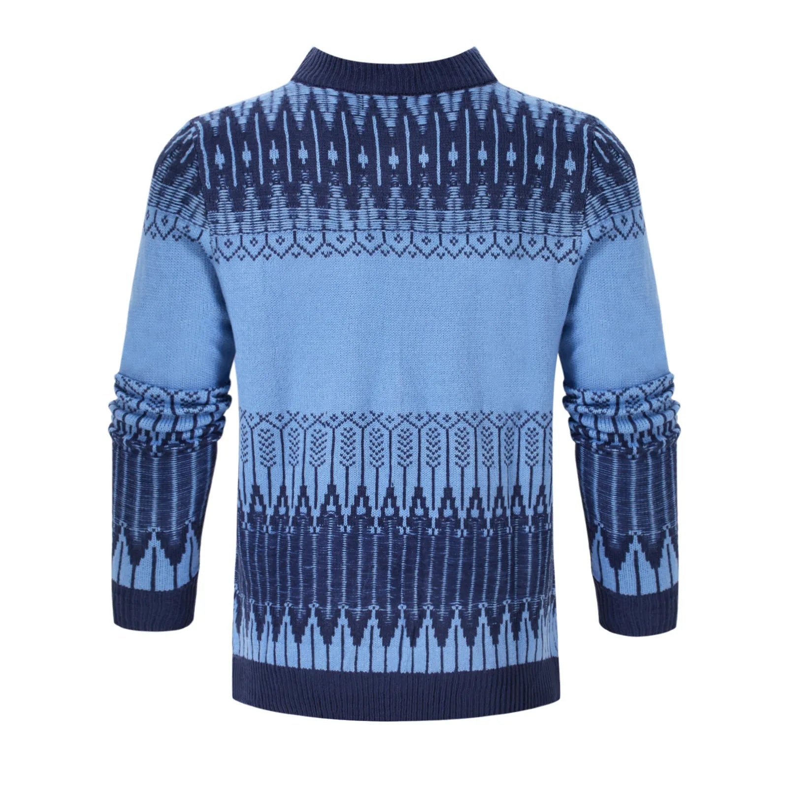 Men's knitted crew neck pullover sweater with long sleeves shown in multiple sizes