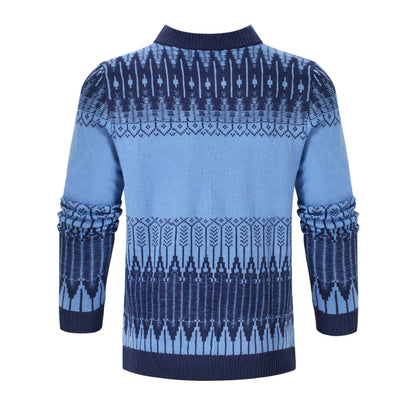 Men's knitted crew neck pullover sweater with long sleeves shown in multiple sizes