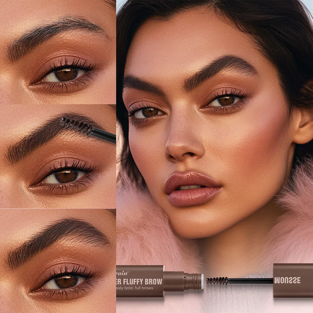 Eyebrow cream mousse in packaging with six shade options for long-lasting, three-dimensional brow definition.