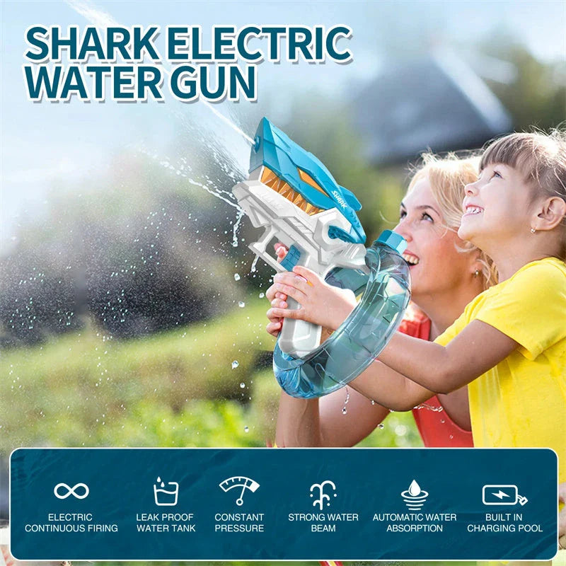 A powerful electric water blaster with a sleek shark design, perfect for summer fun and water battles.
