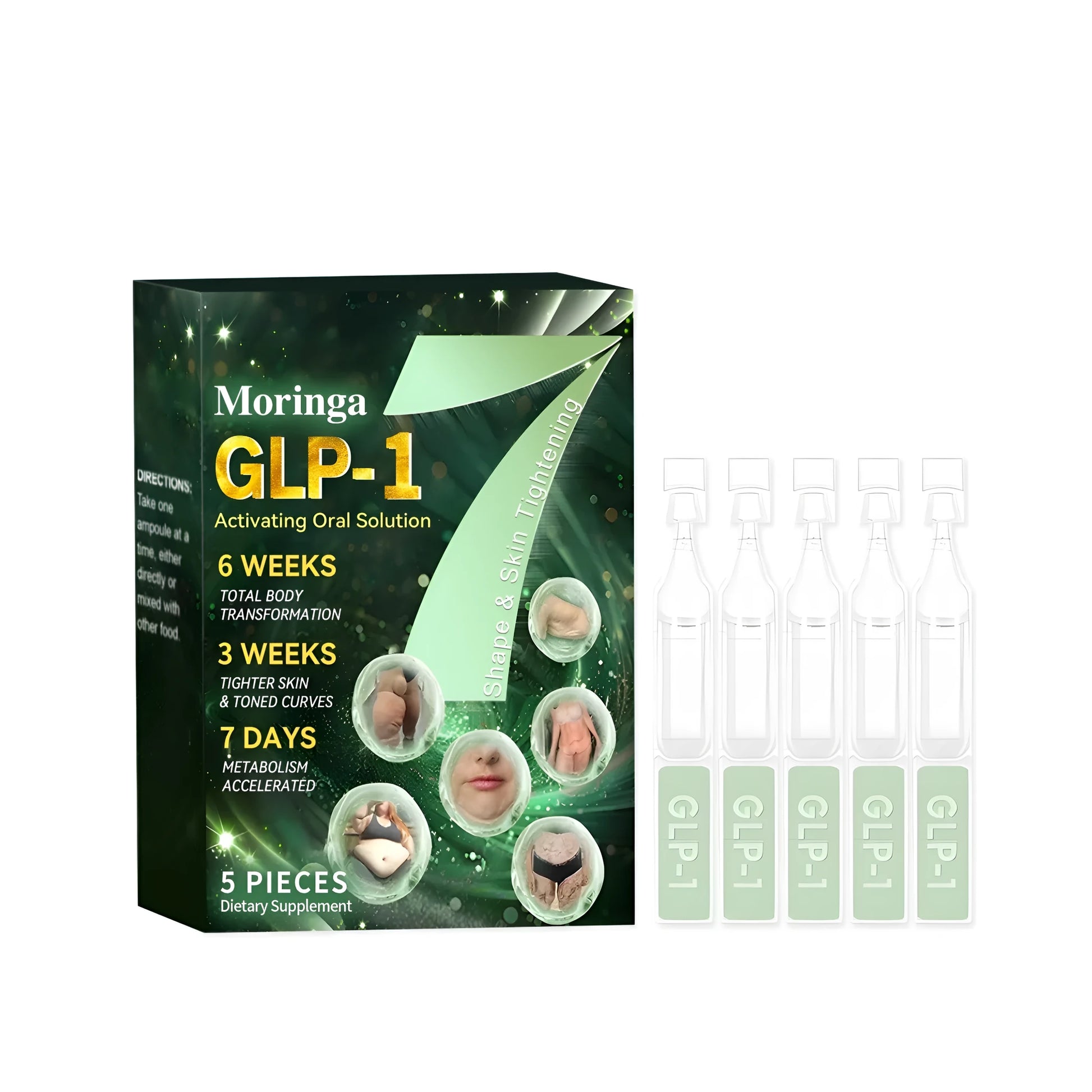 Pack of five fat decomposition dietary supplement drops containing gluconic acid lactone and vitamin B1