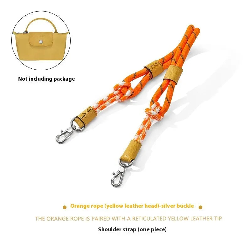 Braided rope and leather shoulder strap with a metal buckle in gold or silver finish