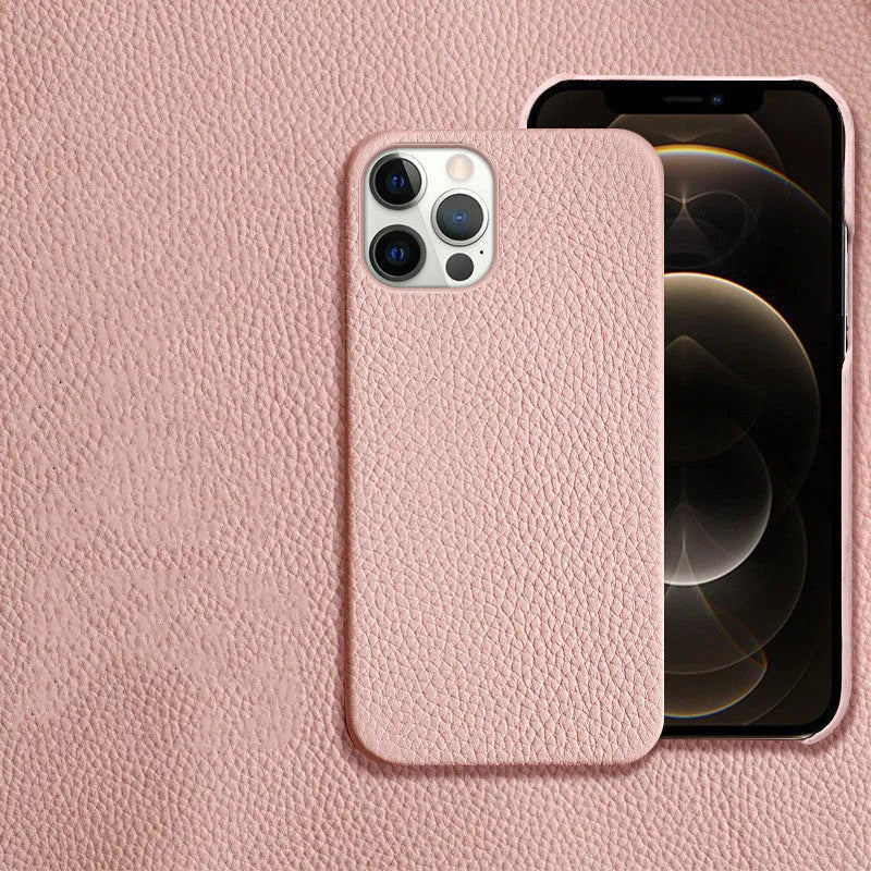 Genuine leather half-wrap iPhone protective case in beige, black, brown, orange, or pink colour.