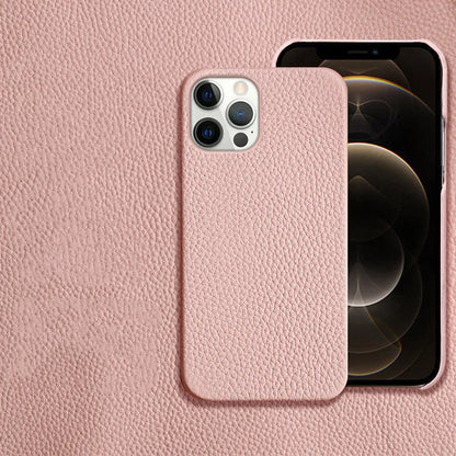 Genuine leather half-wrap iPhone protective case in beige, black, brown, orange, or pink colour.
