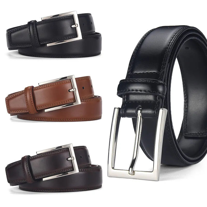 Men's genuine leather belt with pin buckle in black and brown colour options showing length measurements