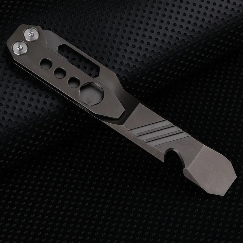 Titanium alloy multi-function crowbar tool with bottle opener on a stone wash finish background.