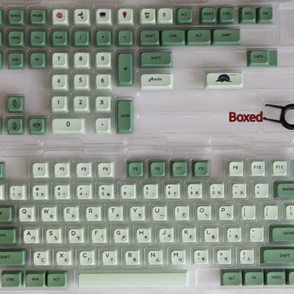 Matcha-themed PBT keycap set with 124 keys and dye-sublimated legends in multiple languages