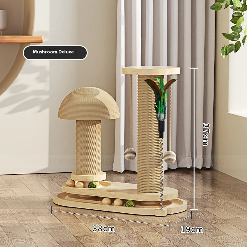 Solid wood cat scratching post with sisal rope and a brown oval turntable on a thick wooden base.