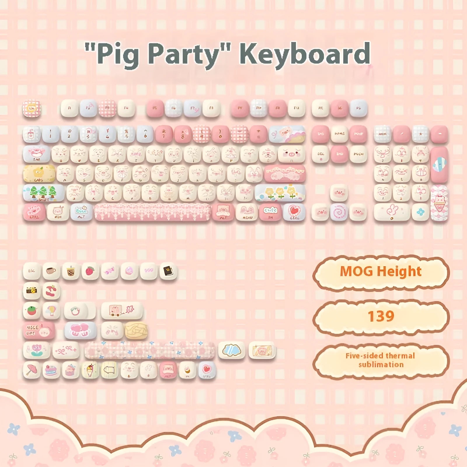 Sublimation-printed cartoon keycaps full set for mechanical keyboards with colourful pig party theme design