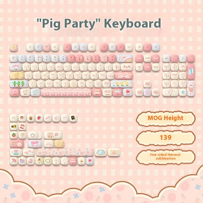 Sublimation-printed cartoon keycaps full set for mechanical keyboards with colourful pig party theme design