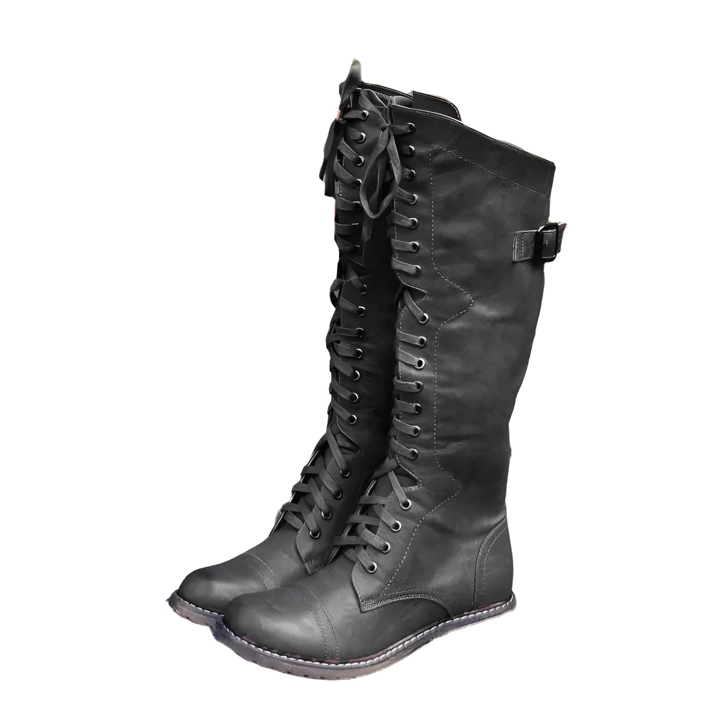 Women's black knight ankle boots with cross straps and buckles over lace-up front.