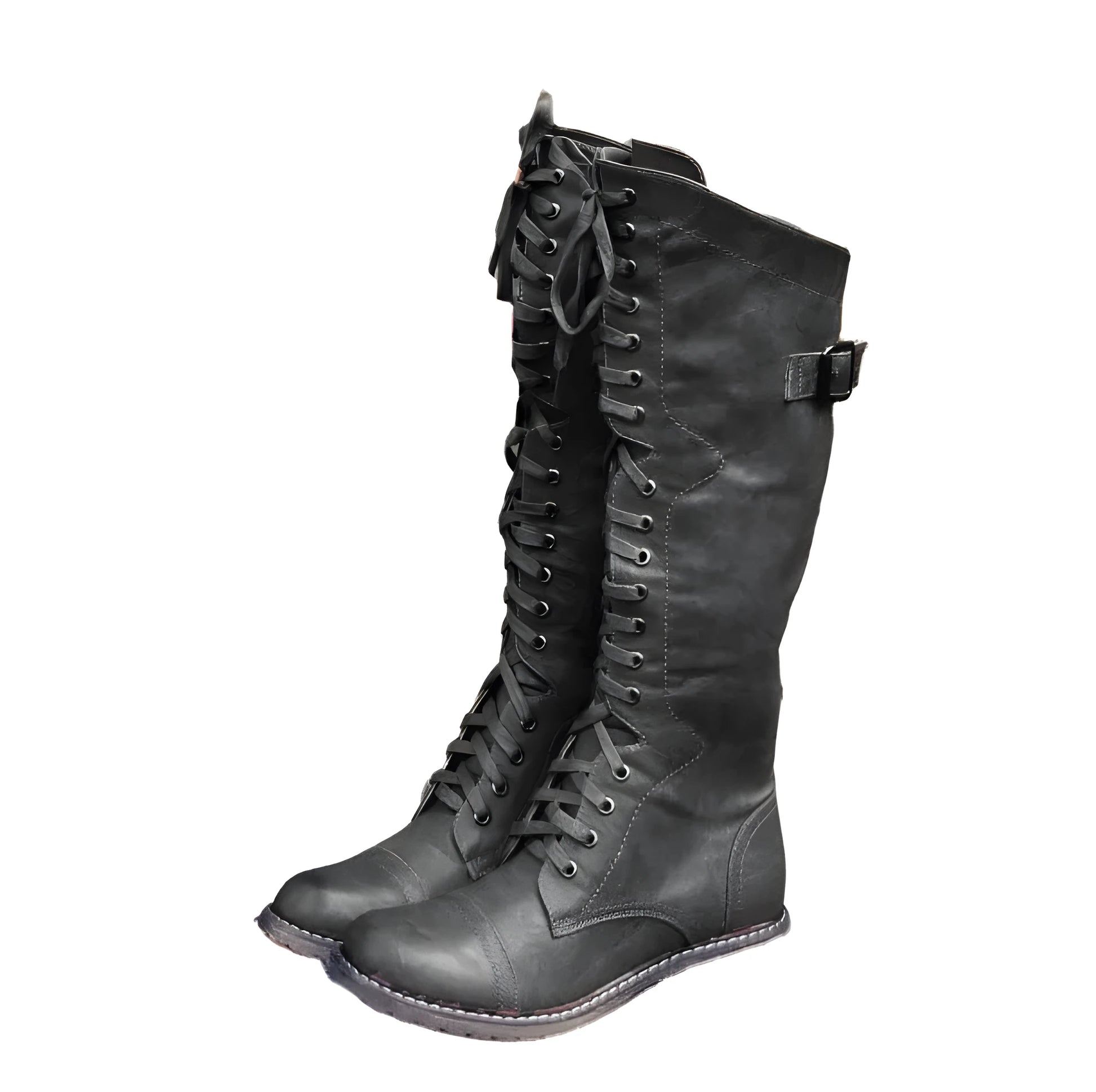 Women's black knight ankle boots with cross straps and buckles over lace-up front.