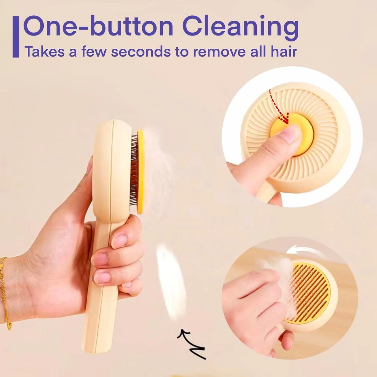 Blue and yellow pet grooming brush with self-cleaning button and angled metal pins for deshedding cats and dogs