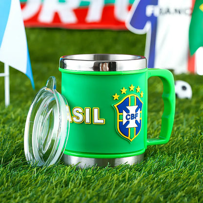 World Cup football mug with 7.6cm diameter and 10.5cm height in team colours