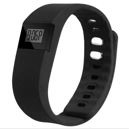 Ordinary plastic and ABS bracelet pedometer showing display, available in black, blue, green, orange, yellow.