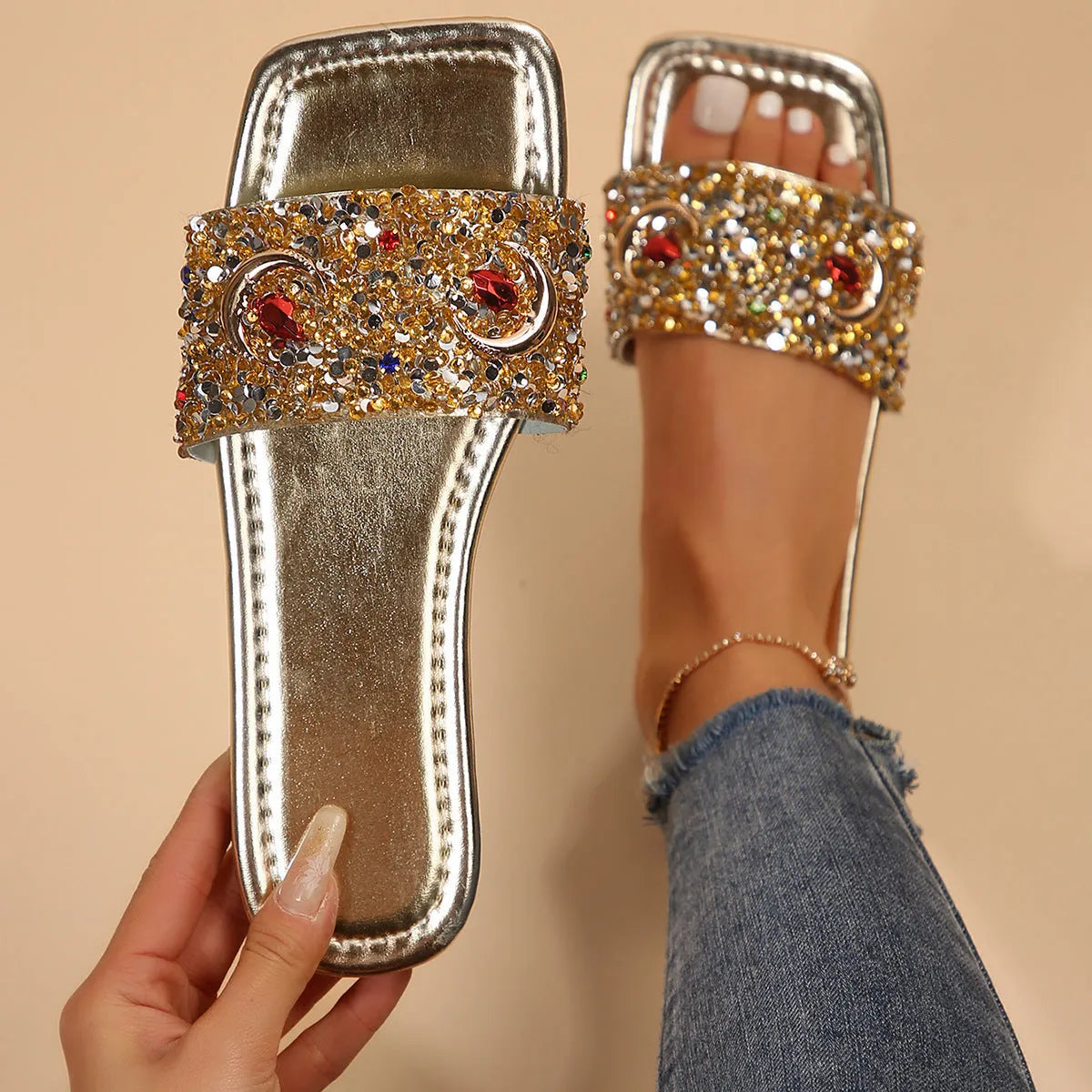 Gold women's slippers with sparkling rhinestone and sequin decoration on the PU upper.