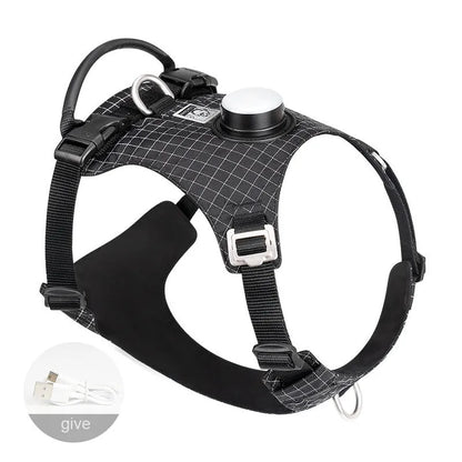 Adjustable dog chest harness with integrated LED safety light in multiple colour options