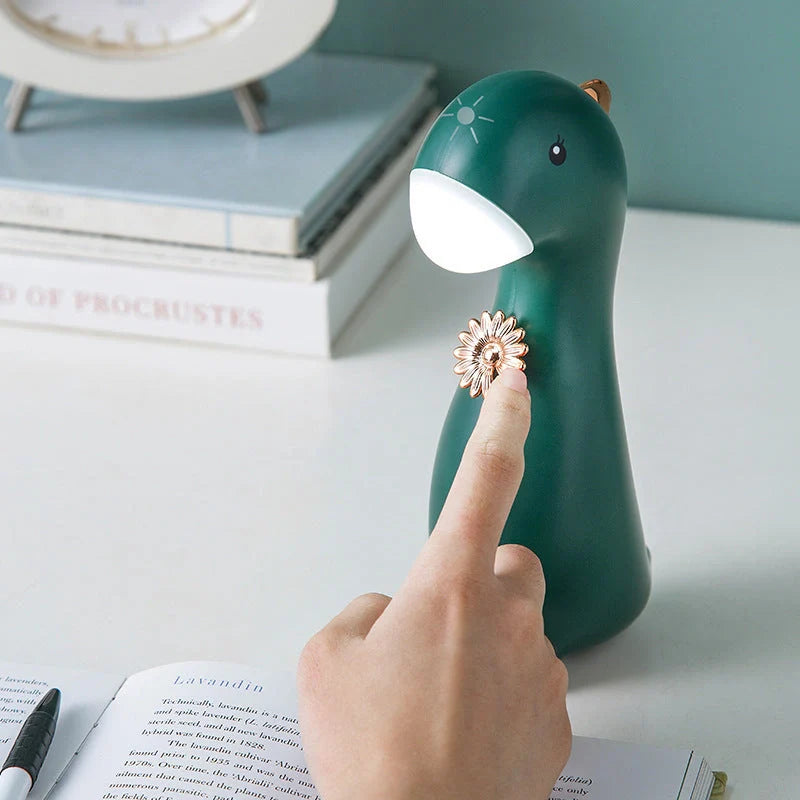 Cute Dinosaur LED Night Light in blue, green, or pink with touch control and rechargeable battery