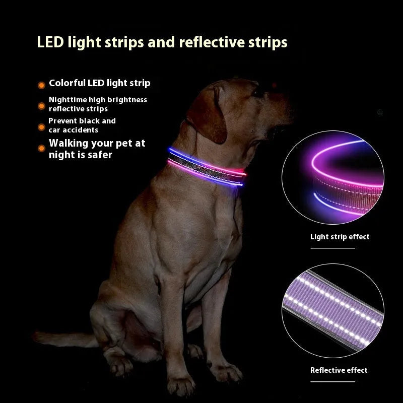Blue and green plaid LED dog collar with USB charging port and reflective safety stripes