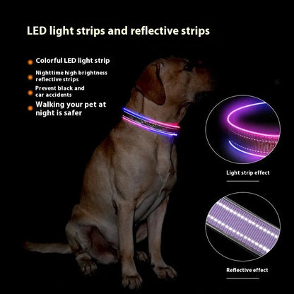 Blue and green plaid LED dog collar with USB charging port and reflective safety stripes