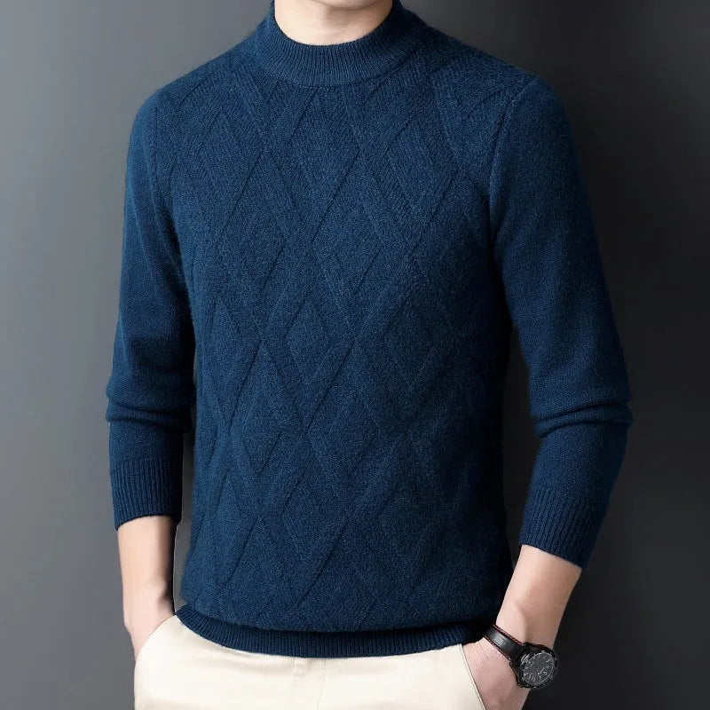 Men's thick winter pullover sweater with diamond jacquard pattern in a light camel colour.