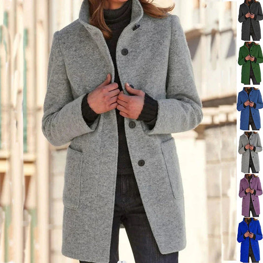 Stylish wool coat with stand collar, pockets, and slim fit design for casual winter wear.