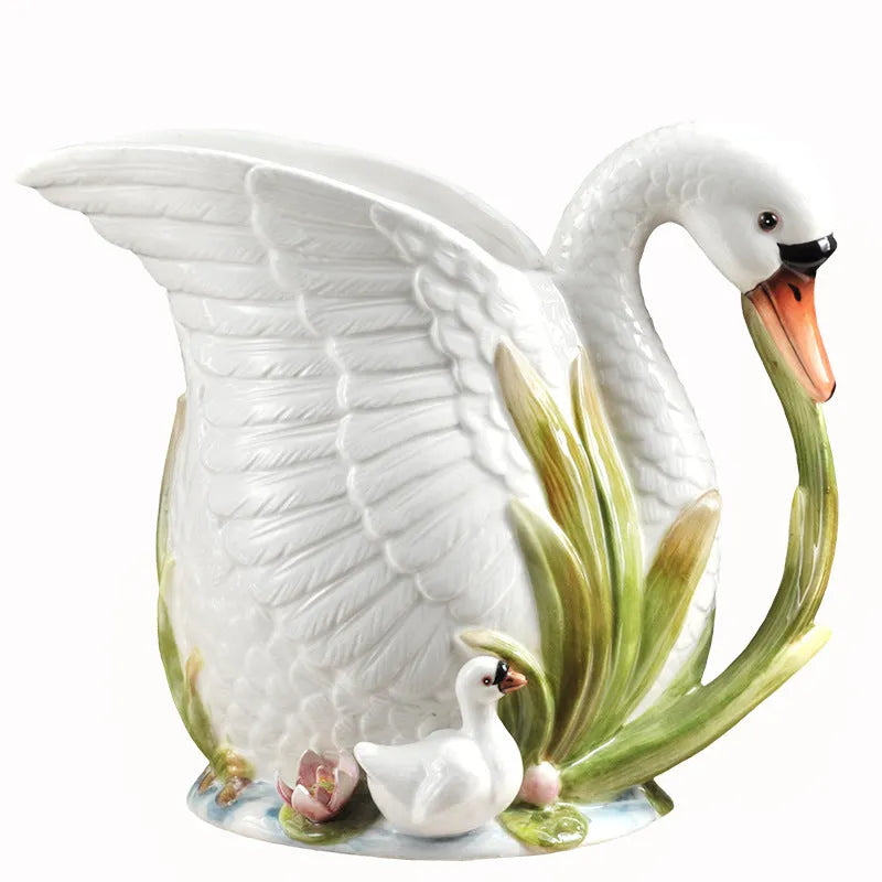 Ceramic swan vase with embossed pastoral style, 24.1cm by 15.2cm by 20cm, single vase in picture colour.