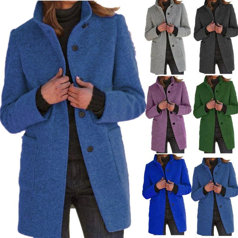 Stylish wool coat with stand collar, pockets, and slim fit design for casual winter wear.