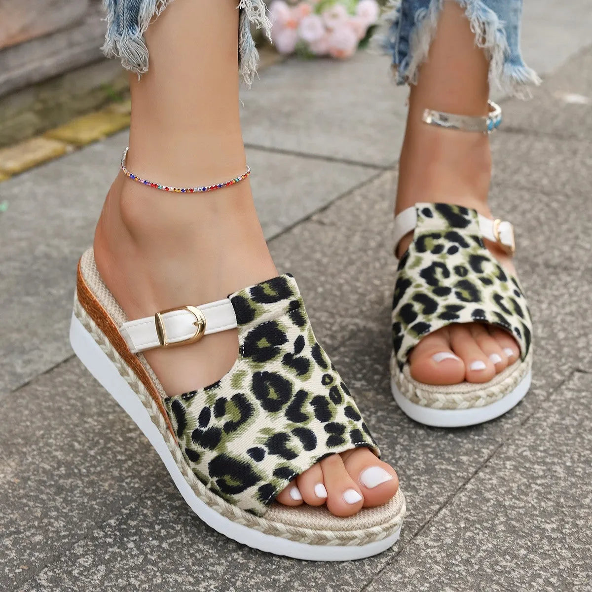 Leopard print wedge platform sandals with fish mouth toe in beige, yellow and light green colours
