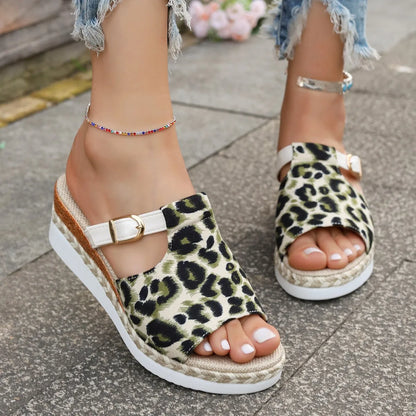 Leopard print wedge platform sandals with fish mouth toe in beige, yellow and light green colours