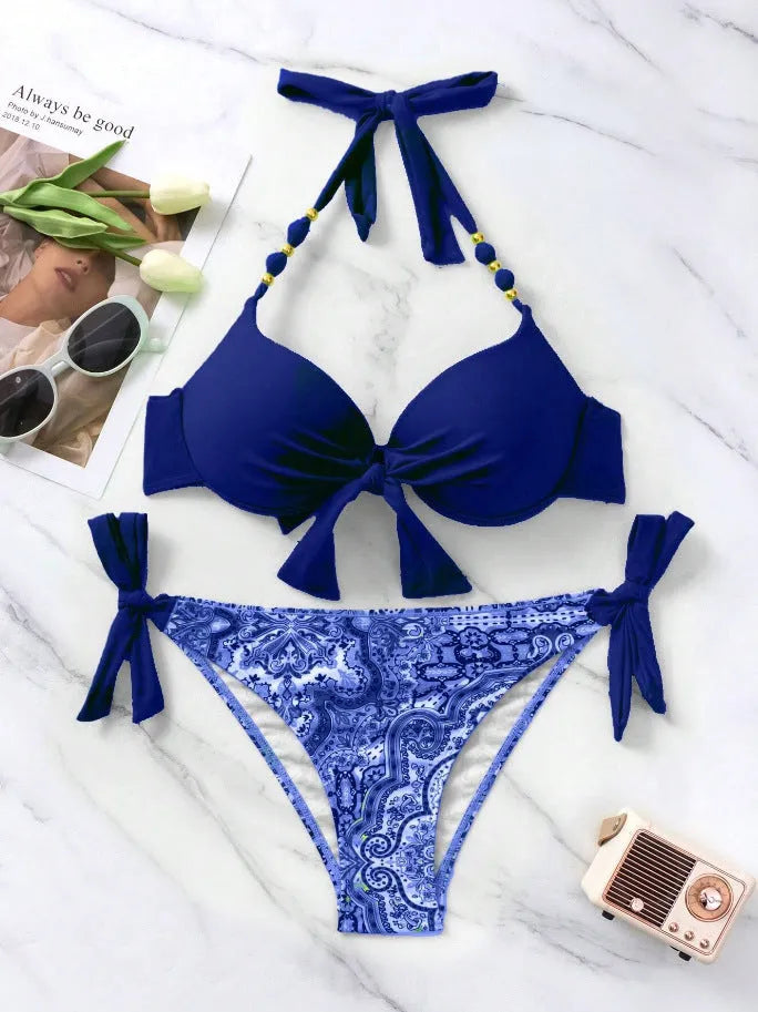Ladies polyester bikini swimsuit set available in multiple colours including blue, red, and fluorescent green