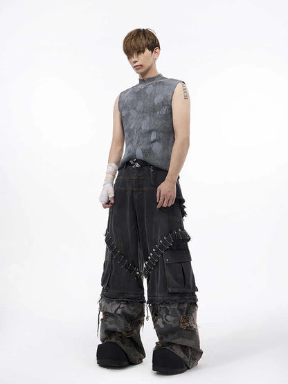Men's black silver pastebrushing sleeveless t-shirt with stand collar and wool vest styling
