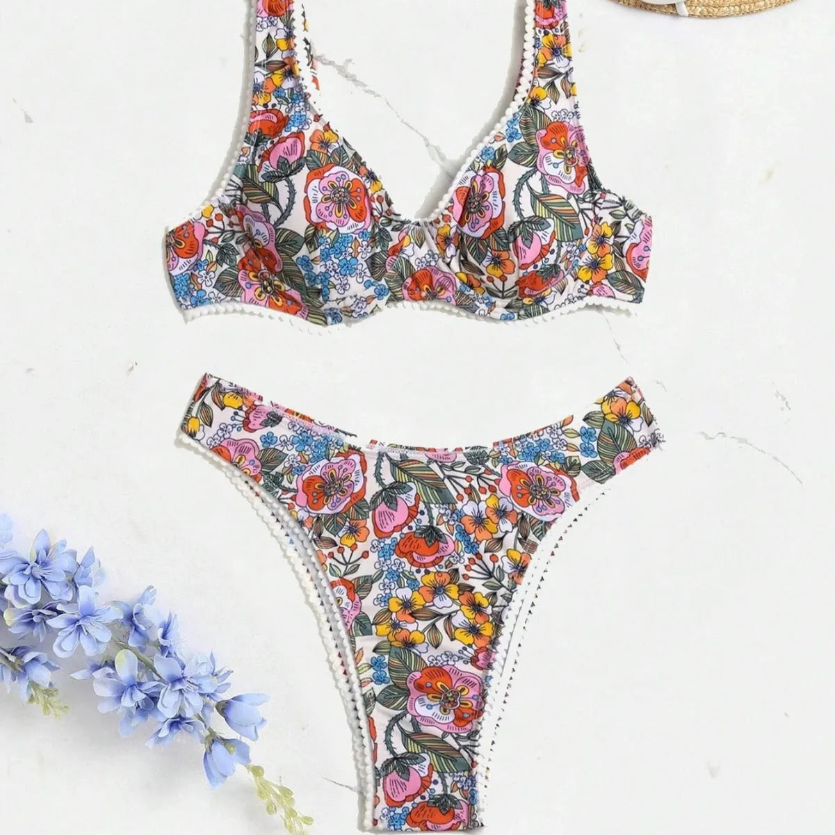 Women's printed bikini swimsuit with push-up top and high-waist briefs