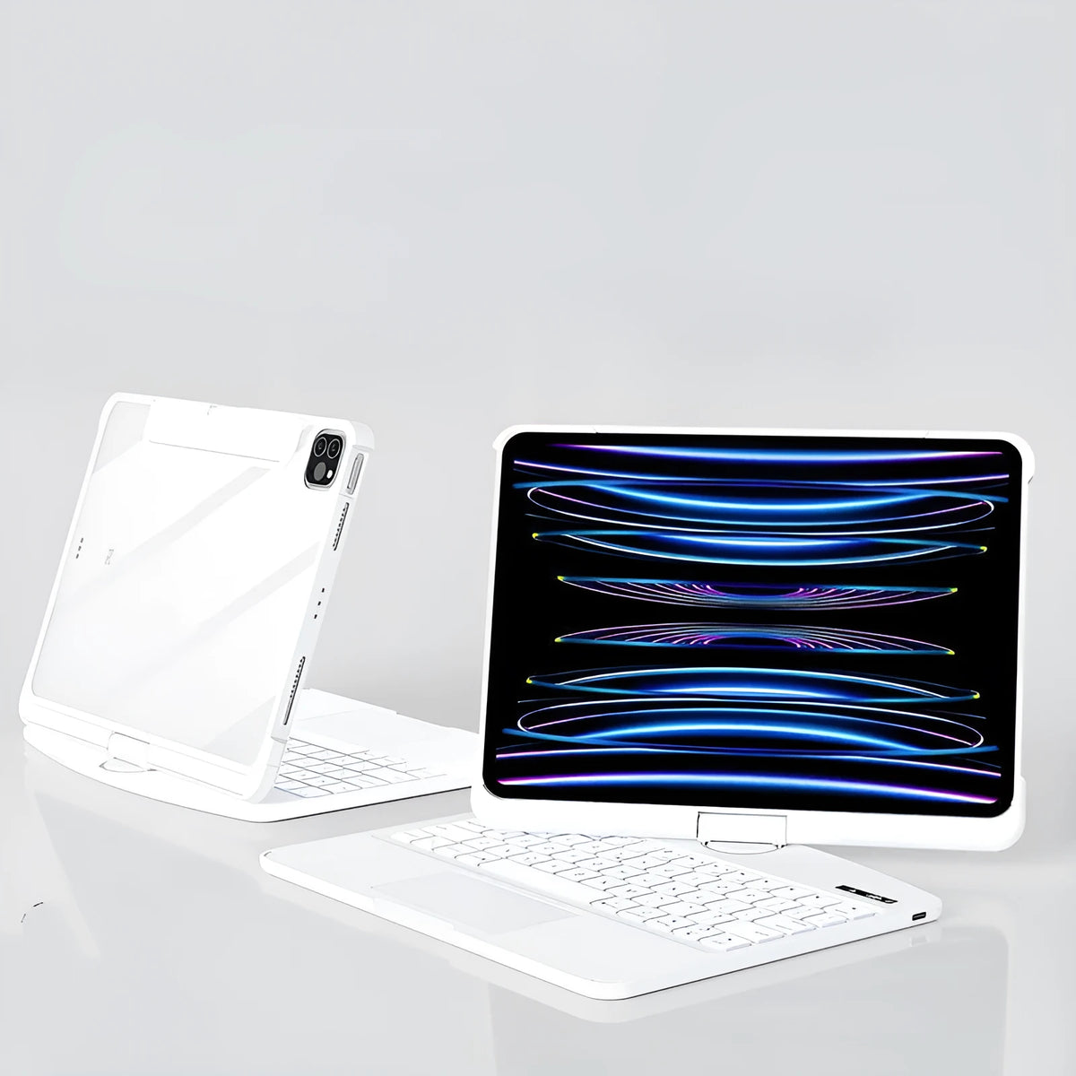 Transparent iPad keyboard case wireless Bluetooth protective cover showing iPad inside with magic control keyboard