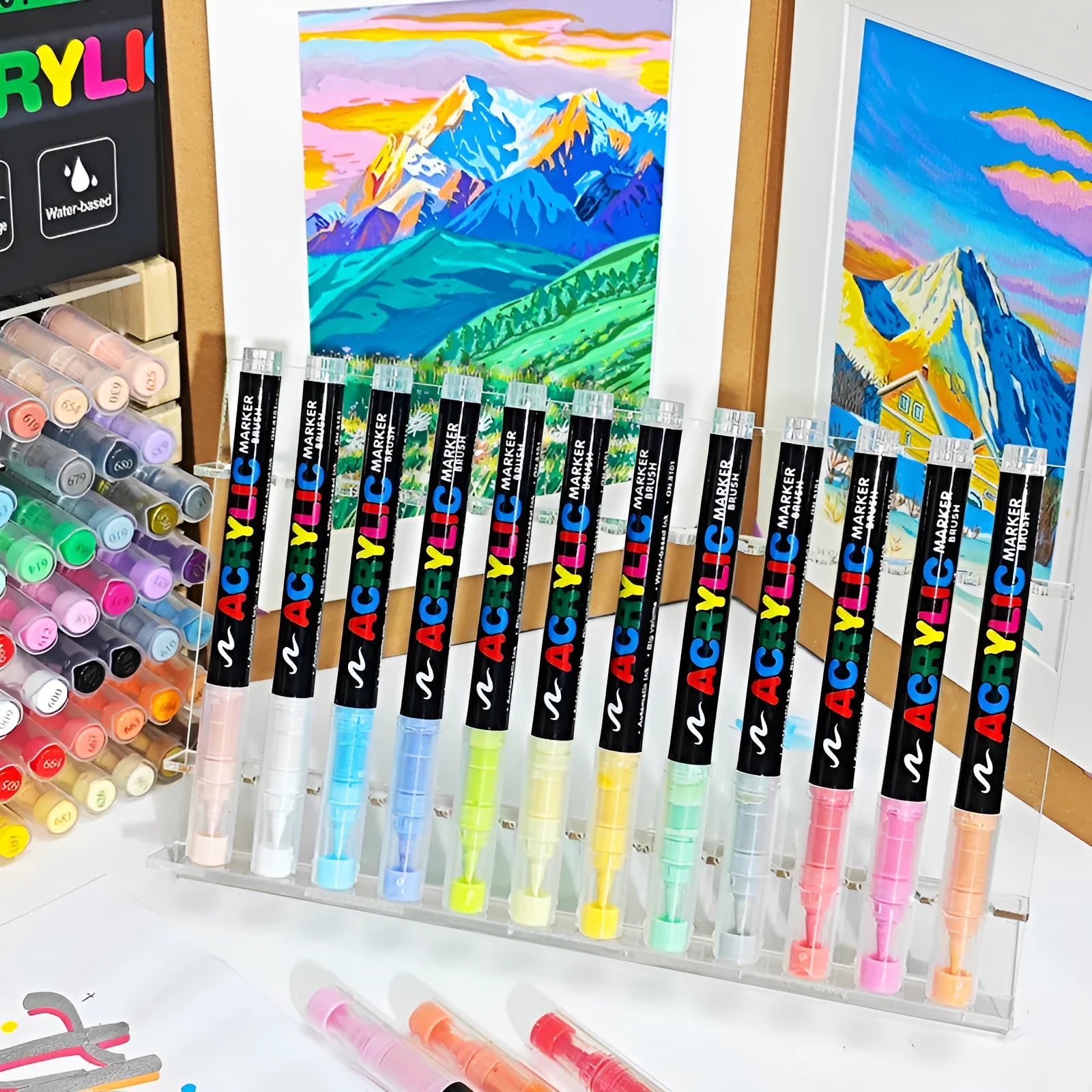 Set of straight acrylic marker pens with soft heads in multiple colours for painting and graffiti