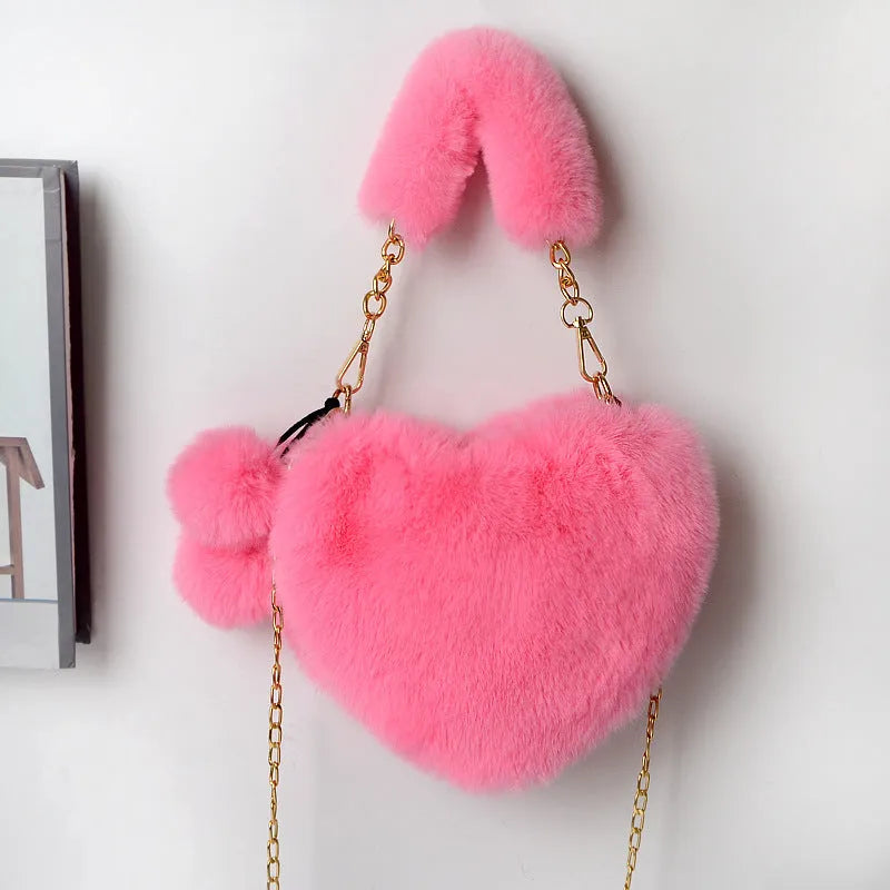Plush heart-shaped women's handbag in medium size with removable shoulder strap