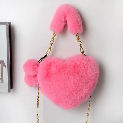 Plush heart-shaped women's handbag in medium size with removable shoulder strap